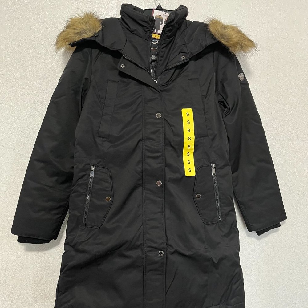 Madison Expedition Women's Faux Fur Trim Long Parka Jacket Coat Black